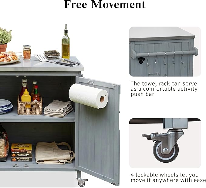 Outdoor Kitchen Island with 4 Locking Wheels, 42”Stainless Steel Top Grill Prep Station, Solid Fir Wood Storage Cabinet with 5-Tier Side Shelf and Adjustable Rack for Patio and BBQ, Grey Blue