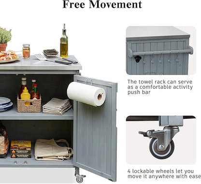 42.1-Inch Mobile Prep Station with Stainless Steel Countertop, Outdoor Grill Cart cart with Adjustable Shelf, Storage Cabinet and Side Shelf for Backyard BBQ & Pizza
