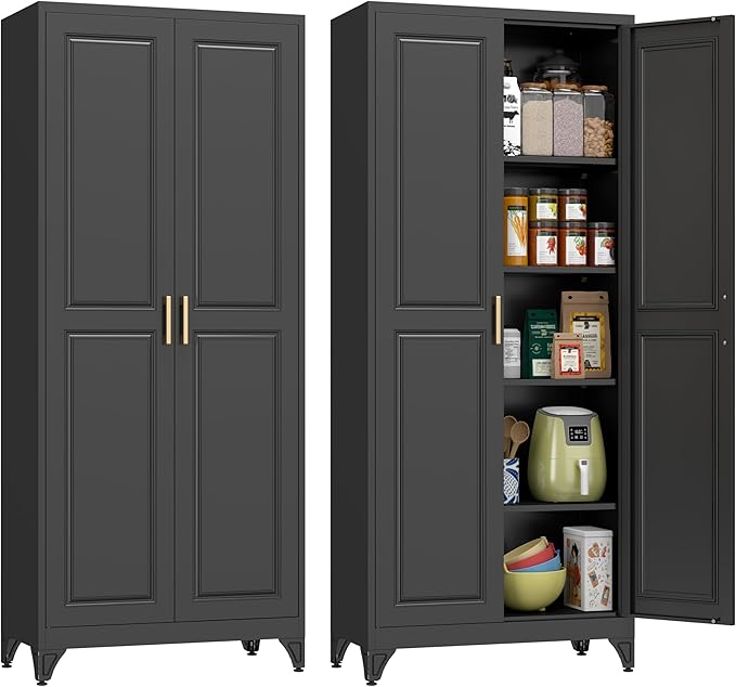 Polup Kitchen Pantry Cabinet, 75" H Metal Storage Cabinet with Doors and Shelves, 4 Standing Feet, Cupboard for Kitchen, Dining, Living Room, 16" D x 32" W x 75" H, Black, Assembly Required