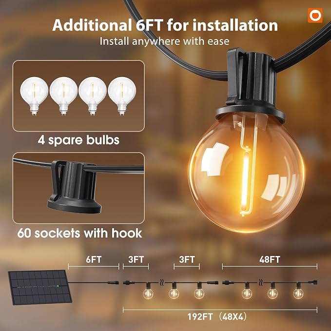 addlon 198FT Solar String Lights Outdoor, Waterproof, USB Charging | Dimmable, 3 Light Modes, Remote, 60+4 LED Bulbs, Easy Install, Ideal for Large Backyard, Garden, Wedding, Party, Camping