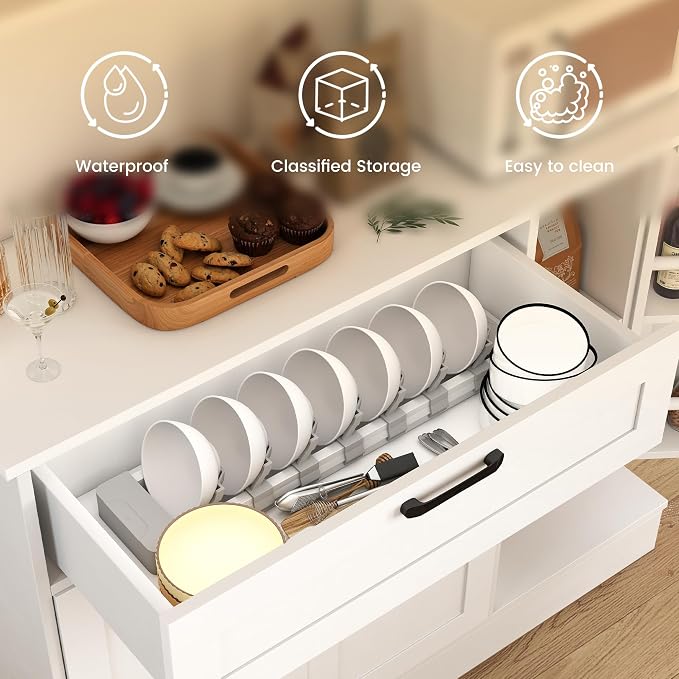 WAYTRIM Pantry Cabinet, White Kitchen Storage Cabinet with 4 Doors and Shelves, Kitchen Hutch Coffee Bar Cabinet with Drawers & Adjustable Shelves, Microwave Stand for Kitchen Dining Room Furniture