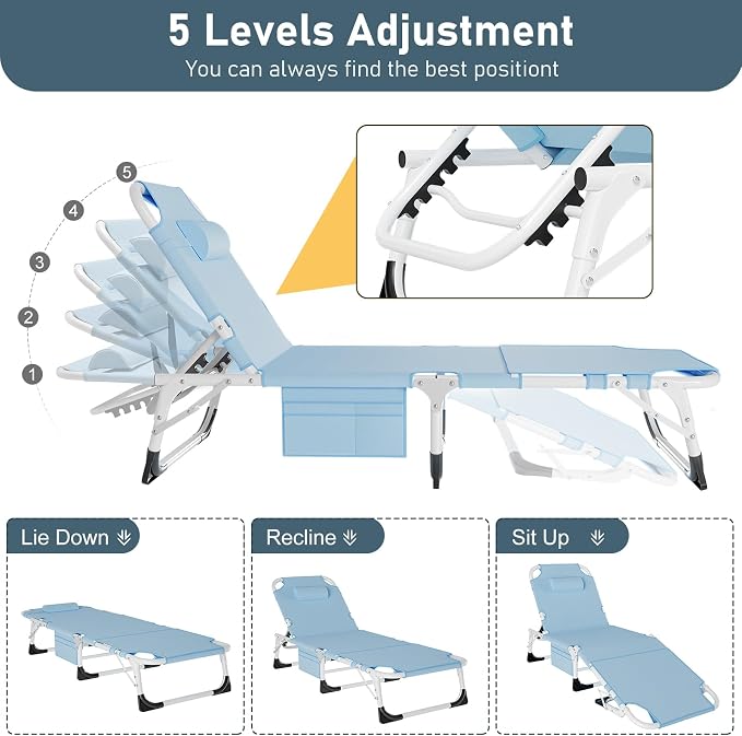 LILYPELLE Folding Chaise Lounge Chair with Pad, Patio Sun Tanning Chair | 5-Position Outdoor Chaise Lounger,Portable Beach Lounge Chair for Outdoor Sunbathing Patio Pool Lawn Deck Poolside