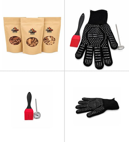 Deluxe BBQ Smoker Kit with Grilling Accessories | Includes Smoker Box, Basting Brush, Meat Thermometer, Heat-Resistant Glove, Instruction Manual, & 3 oz Hickory, Cherry & Apple Wood Chips