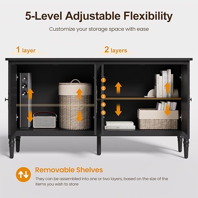 RoyalCraft Sideboard Buffet Cabinet with Storage, 59" Mid Century Modern Credenza with 4 Doors, Coffee Bar Wine Bar Storage Cabinet with Artistic Carved Handle for Living Room, Dining Room, Black