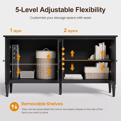 RoyalCraft Sideboard Buffet Cabinet with Storage, 59" Mid Century Modern Credenza with 4 Doors, Coffee Bar Wine Bar Storage Cabinet with Artistic Carved Handle for Living Room, Dining Room, Black
