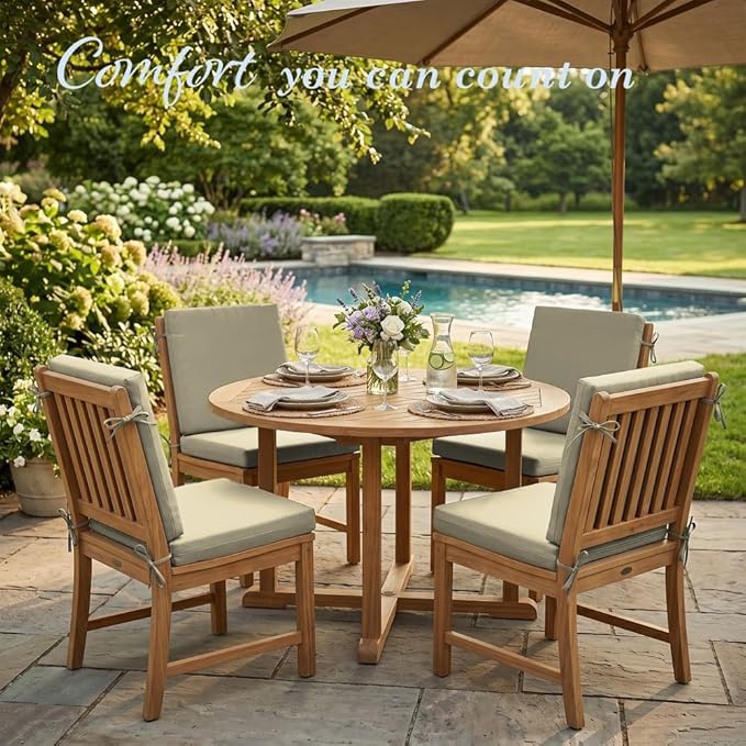 California Umbrella Outdoor Dining Chair, Set of 4 Patio Seat Cushions, 20 x 40 Inch, Premium Outdoor Memory Foam, Fade Resistant, Sunbrella Fabric, Fabric Ties, Antique Beige