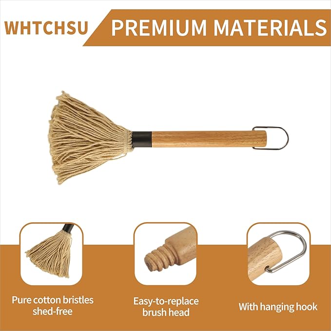 11.2 Inch BBQ Mop Brushes for Sauce, Grill Basting Mop Wooden Long Handle BBQ Mop with 1 Extra Replacement Heads for BBQ Grilling Smoking Steak