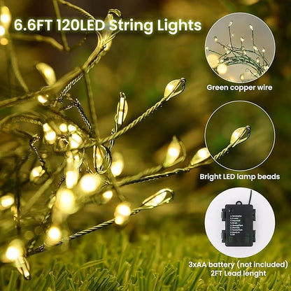 Dailyart 6feet 120 LED Starry Lights, Battery Operated Waterproof Dark Green Copper Wire Fairy Light String Light for Garland, Wreath, Patio, Garden, Wedding, Party, Xmas (Pack of 2)