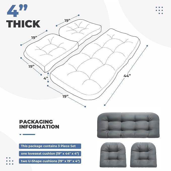 DANGHOOGY Wicker Chair Cushions, Waterproof Outdoor Loveseat Cushions for Patio Furniture, Tufted Wicker Furniture Cushions, 1 Loveseat and 2 U-Shaped Cushions, Grey