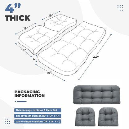 DANGHOOGY Wicker Chair Cushions, Waterproof Outdoor Loveseat Cushions for Patio Furniture, Tufted Wicker Furniture Cushions, 1 Loveseat and 2 U-Shaped Cushions, Grey