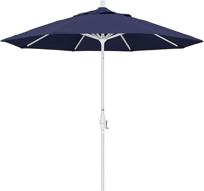 California Umbrella 9' Round Aluminum Market Umbrella, Crank Lift, Collar Tilt, White Pole, Navy Blue Olefin