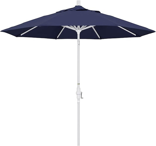 California Umbrella 9' Round Aluminum Market Umbrella, Crank Lift, Collar Tilt, White Pole, Navy Blue Olefin