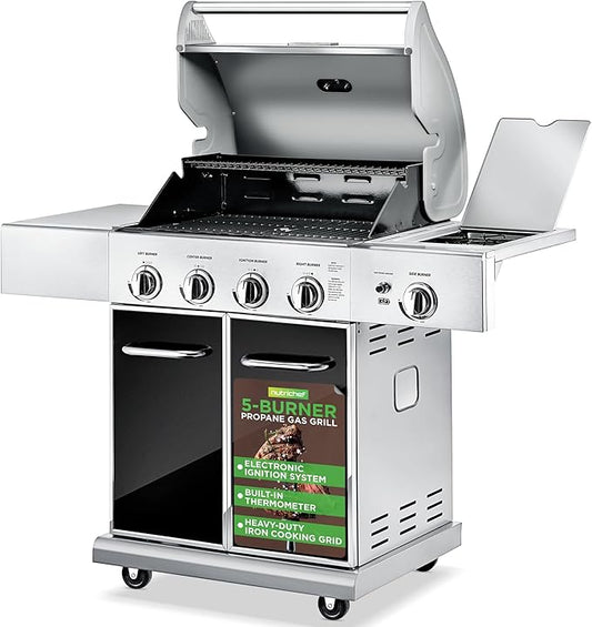Heavy-Duty 5-Burner Propane Gas Grill - Stainless Steel Grill, 4 Main Burner with 1 side burner, 52,000 BTU Grilling Capacity, Electronic Ignition System, Built-in Thermometer - NutriChef NCGRIL2