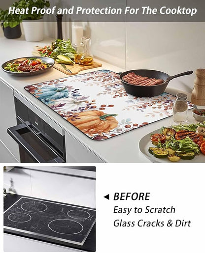 Stove Top Covers for Electric Stove 24x21 Inches, Fall Eucalyptus HeatResistant Glass Cooktop Protector, Orange Blue Pumpkins Thanksgiving Leaves Ceramic Stovetop Countertop Covers Mat, Oven Cover