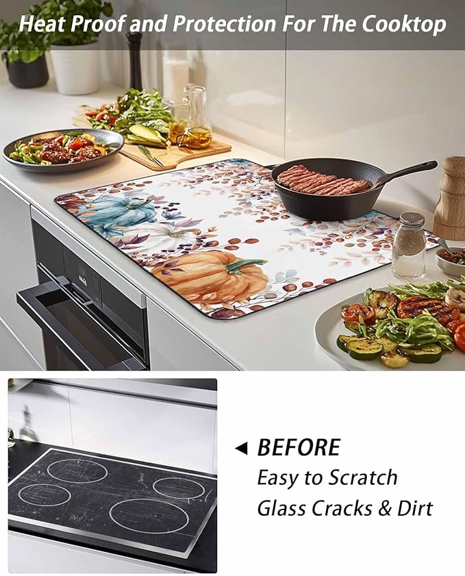 Stove Top Covers for Electric Stove 31x24 Inches, Fall Eucalyptus HeatResistant Glass Cooktop Protector, Orange Blue Pumpkins Thanksgiving Leaves Ceramic Stovetop Countertop Covers Mat, Oven Cover