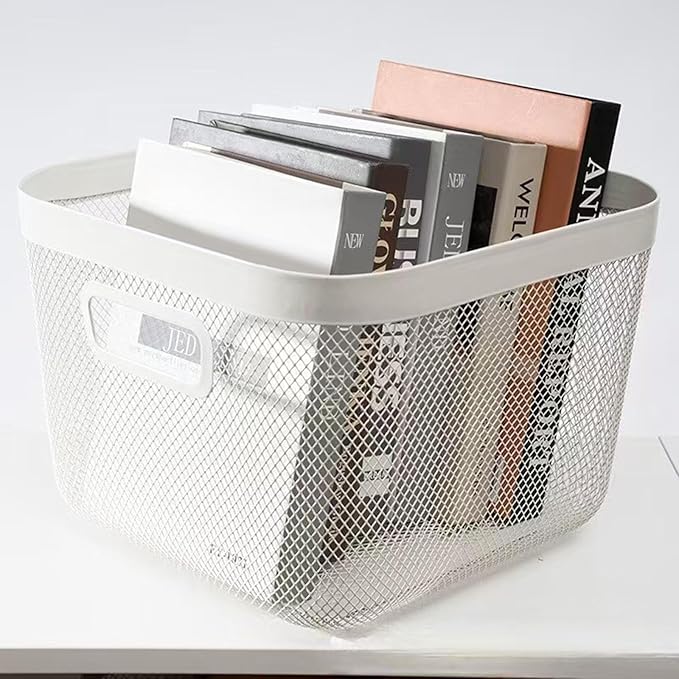AJIODA Metal Mesh Steel Baskets, Household Wire Storage Organizer Bin Garden Harvest Basket Multi-functional Fruit Baskets with Handles for Kitchen Bathroom Picnic Shopping Decor Cabinet Home, White