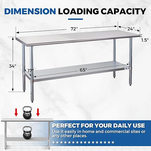 Profeeshaw Stainless Steel Prep Table 24''x72'' NSF Commercial Workbench | Metal Work Table, with Undershelf leveling feet; Heavy Duty Table for Kitchen, Restaurant, Home, Gargae, Hotel, 18-gauge 430