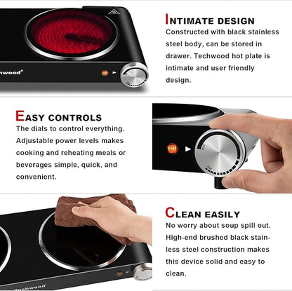 Hot Plate, Techwood 1800W Dual Electric Stove, Countertop Stove Double Burner for Cooking, Infrared Ceramic Hot Plates Double Cooktop, Brushed Stainless Steel Easy to Clean Upgraded Version, Black