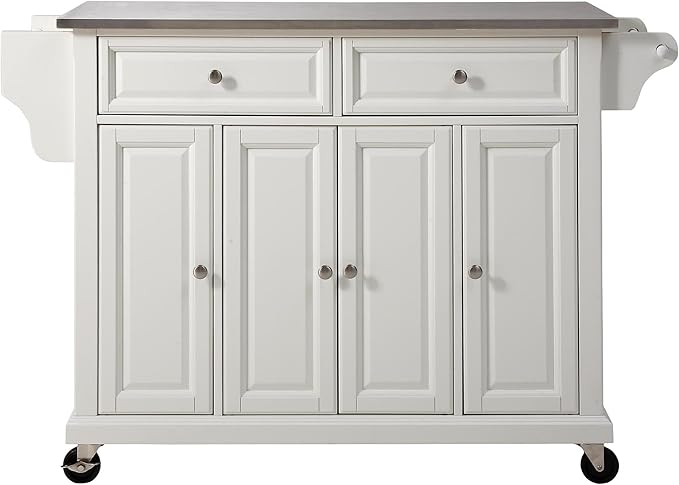 Crosley Furniture Full Size Stainless Steel Rolling Kitchen Island Storage Cart, Microwave Stand, Spice Rack, White