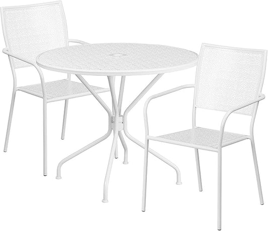 Flash Furniture Oia Commercial Grade 35.25" Round White Indoor-Outdoor Steel Patio Table Set with 4 Square Back Chairs
