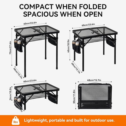 2Ft Foldable Grill Table for Camping, Portable Metal Mesh BBQTable with Dual Side Storage Bags, Lightweight Folding Outdoor Cooking Table for Picnic, RV Travel, Beach & Backyard BBQ