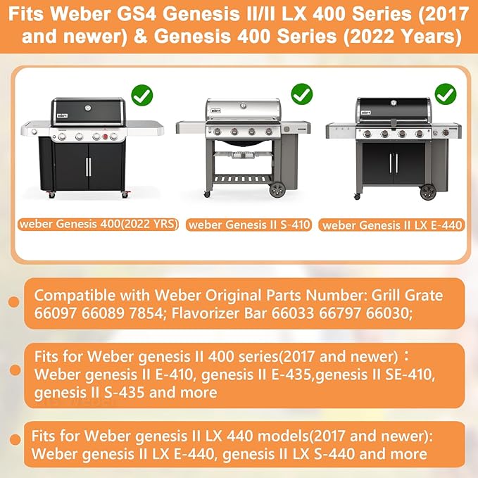 Genesis 2 GS4 Grill Parts for Weber GS4 Genesis II/II LX 400 SER 4-Burner Genesis II E410 Accessories Genesis 400 (2022 YRS) Replacement for Weber Flavorizer Bars 66033 66030 &Grill Grates 66097 66089