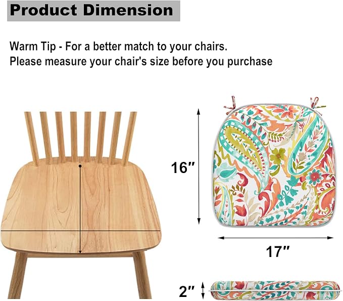 DYTXIII Set of 4 Outdoor Chair Cushions with Ties,Water Repellent Patio Chair Pads 17"x 16" for Outdoor Furniture,Round Corner Seat Cushions for Garden Yard Kitchen Pretty Paisley