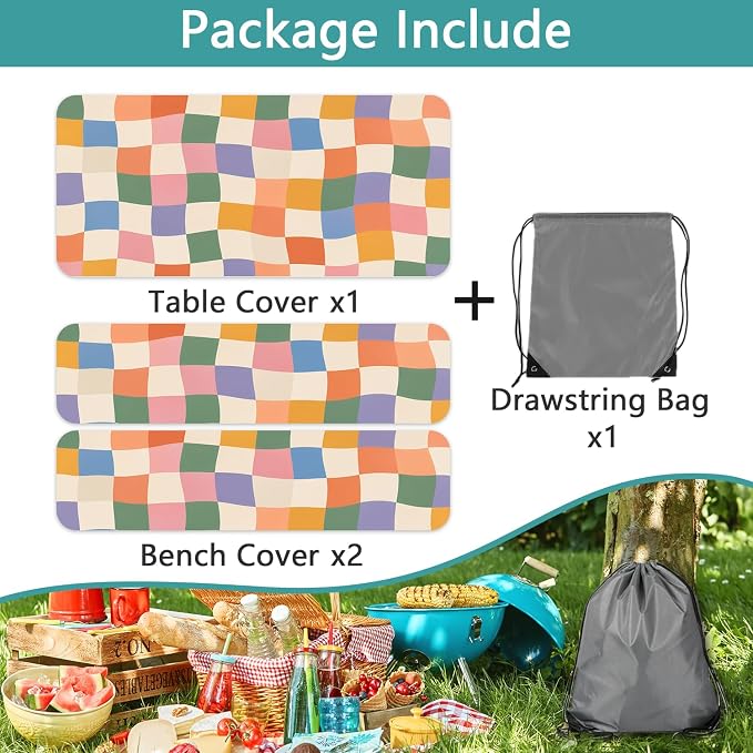 Fitted Picnic Table Cover with Bench Covers and Bag | Camping Essentials, Colorful Checkered Outdoor Waterproof Picnic Tablecloth with Elastic Edges, 3 Pcs Set 30x96 Inch
