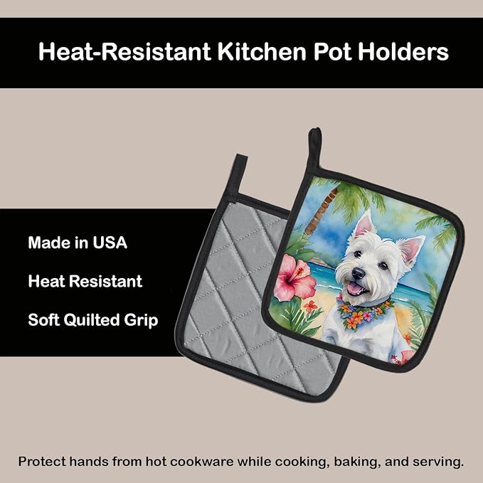 Caroline's Treasures Westie Luau Pair of Pot Holders Kitchen Heat Resistant Pot Holders Sets Oven Hot Pads for Cooking Baking BBQ, 7 1/2 x 7 1/2