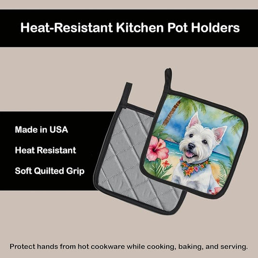 Caroline's Treasures Westie Luau Pair of Pot Holders Kitchen Heat Resistant Pot Holders Sets Oven Hot Pads for Cooking Baking BBQ, 7 1/2 x 7 1/2
