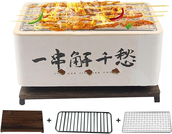 Hibachi Grill BBQ Foldable Barbecue Charcoal Grill Easy for Installation with Adiabatic Wood Board for Indoor and Outdoor Cooking Backyard Camping Picnics Beach