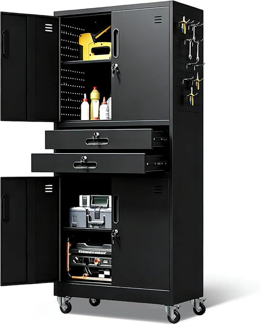Metal Garage Storage Cabinet with 2 Drawers, 71'' Tall Lockable Storage Cabinet with Adjustable Shelves, Rolling Tool Cabinet on Wheels for Garage, Utility Room (Black)