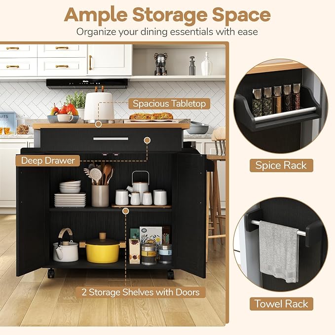COSTWAY Kitchen Island On Wheels, Rolling Storage Trolley Cart | with Large Cabinet, Drawer, Spice Rack and Towel Rack, Kitchen Serving Utility, 3-Position Adjustable Shelf (Black)
