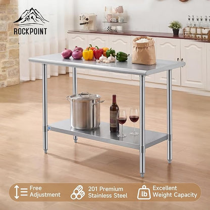 ROCKPOINT All Stainless Steel Table for Perp & Work 24x48 Inch,Commercial Heavy Duty Workbench with Stainless Legs & Adjustable Undershelf, 830 lb Capacity for Restaurant,Home and Outdoor Kitchens
