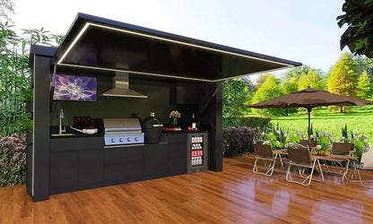 Modern Modular Outdoor Kitchen Island with Retractable Roof Cover, Built-in BBQ Grill Station, Mobile Outdoor BBQ Cooking Station for Backyard Patio Garden
