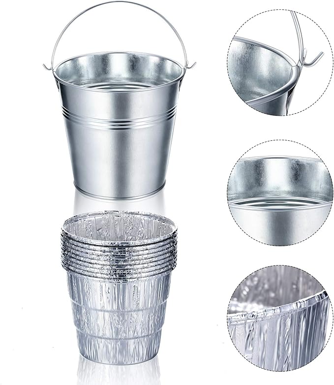 Patelai Drip Grease Bucket Can with 12 Pieces Disposable Foil Pads Grills Bucket Pads Wood Pellet Grills Replacement for Camp Wood Pellet Grill BBQ Accessories (Silver)