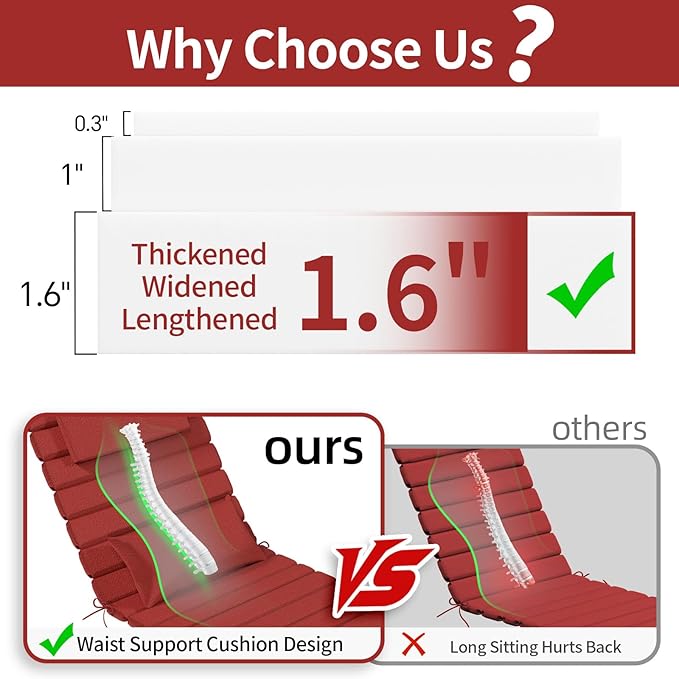2 Sets of Outdoor Water-Resistant Olefin Chaise Lounge Cushions with Headrest and Pillow, Weather and Fade Resistant Foldable Quilted Lounge Chair Pads with Straps, Red, 73" L x 22" W