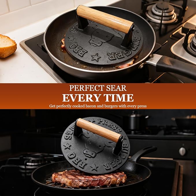 Cast Iron Smash Burger Press - 4.1 lb Heavy Duty Bacon Press & Grill Weight for Smashburgers, Flat Iron Steak & Cooking on Skillet, Burger Smasher Tool, 8.7 Inch Round with Beechwood Handle