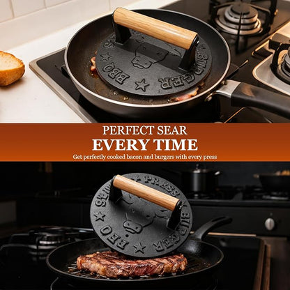 Cast Iron Smash Burger Press - 4.1 lb Heavy Duty Bacon Press & Grill Weight for Smashburgers, Flat Iron Steak & Cooking on Skillet, Burger Smasher Tool, 8.7 Inch Round with Beechwood Handle