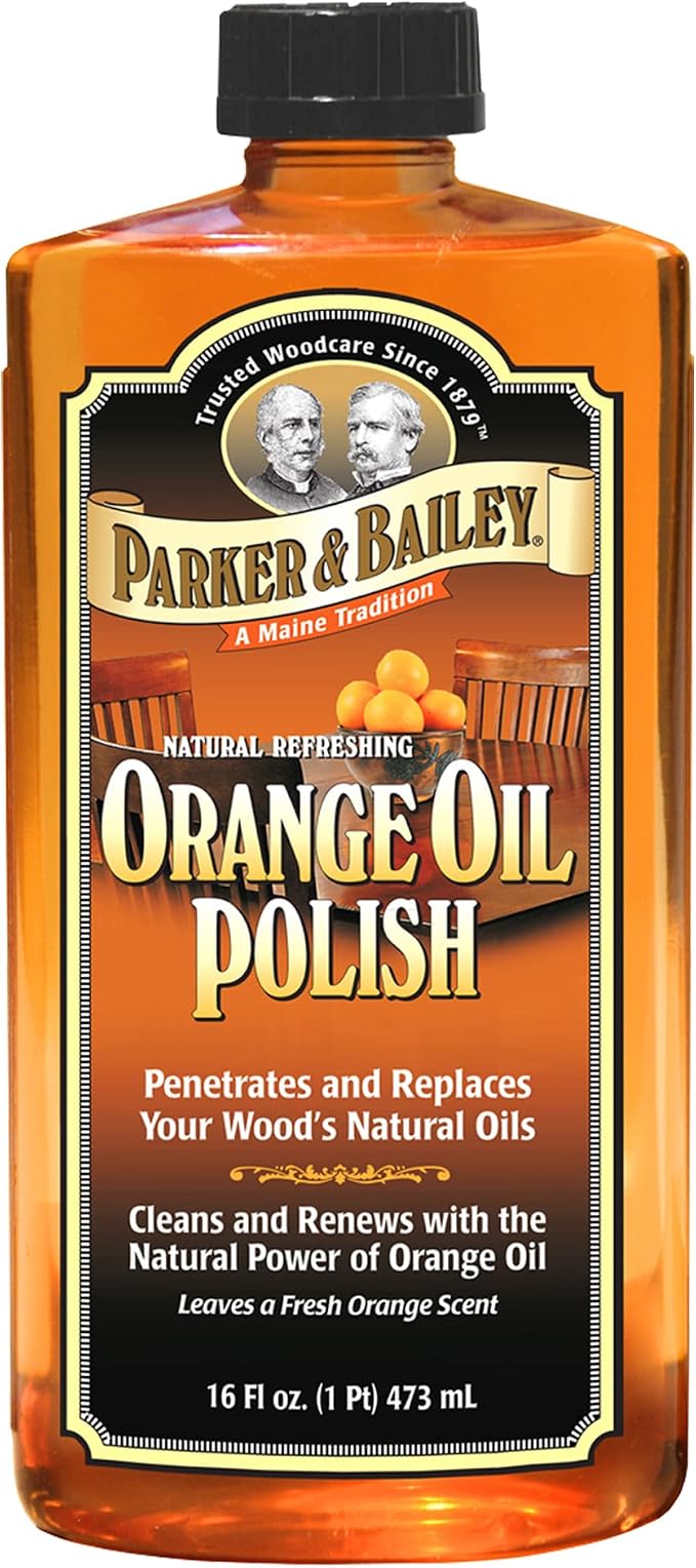 Parker & Bailey Orange Oil Polish, Natural Orange Scented Furniture Cleaner & Wood Table Cleaner, Cleans, Renews & Restores a Finish for Wood, Protects from Drying or Cracking, Shiny Finish, 16 oz