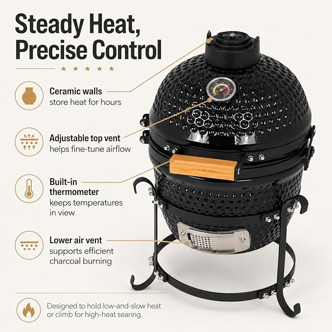 Ceramic Charcoal BBQ Kamado Griller - Portable Small Tabletop Smoker - Round Barbecue Grill and Cooker for Variations on Cooking (Black)