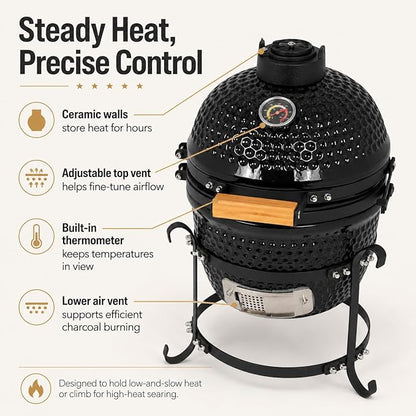 Ceramic Charcoal BBQ Kamado Griller - Portable Small Tabletop Smoker - Round Barbecue Grill and Cooker for Variations on Cooking (Black)