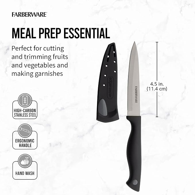 Farberware 4.5 Inch Utility Knife with EdgeKeeper Self-Sharpening Sheath, High-Carbon Stainless Steel Blade, Ergonomic Handle for Slicing, Dicing, and Mincing Fruits and Vegetables
