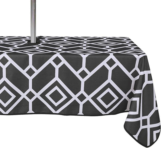 LUSHVIDA Moroccan Outdoor Tablecloth with Umbrella Hole and Zipper, 60 x 84 Inch Black, Rectangle Waterproof Wrinkle Free Table Cloth Decorative Fabric Washable Table Cover for Patio, Party, Picnic