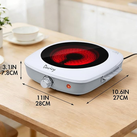 Davivy Single Burner Hot Plate with Sturdy Handle, 7.9 inch Ceramic Glass Cooktop, 1200W Infrared Cooker, Compatible Of All Cookware, White