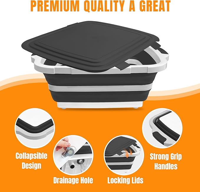 BBQ Prep Tub with Lid and Cutting Board - Collapsible Barbecue Tool Set for Marinating, Grilling, BBQ Prep Station for Outdoor Cooking, Camping Kitchen Accessories & Barbecue Utensils, X-Large Black