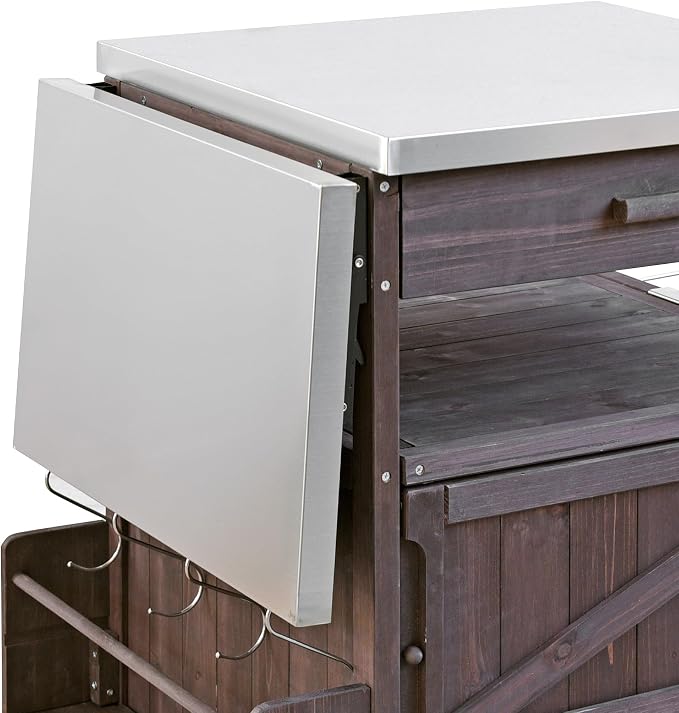 YOPTO 40.5" Outdoor Grill Cart,100% Fir Wood,Stainless Steel Top,Drop Leaf,Lockable Wheels,Towel Rack,Drawer,Rolling Kitchen Cart for Lawn & Garden,Brown