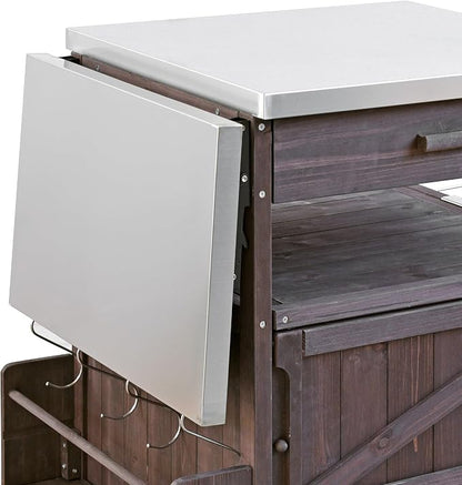 YOPTO 40.5" Outdoor Grill Cart,100% Fir Wood,Stainless Steel Top,Drop Leaf,Lockable Wheels,Towel Rack,Drawer,Rolling Kitchen Cart for Lawn & Garden,Brown