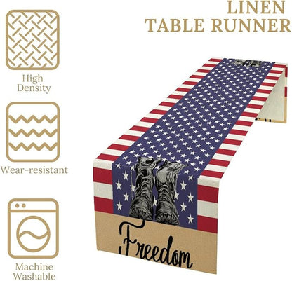 Stripes Stars Boots Freedom Memorial Day Patriotic 4th of July Table Runner, Independence Day Holiday Farmhouse Burlap Indoor Kitchen Dining Patriotic Independence Table Decor Home Party 13x36 Inch