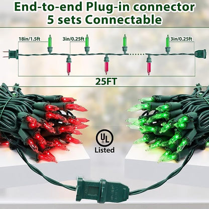 Christmas Lights 25FT 100 Count Incandescent Bulbs Red and Green Mini Lights with Green Wire for Christmas Tree, Garland, Wedding, Party, Home, Indoor & Outdoor Festival Decoration